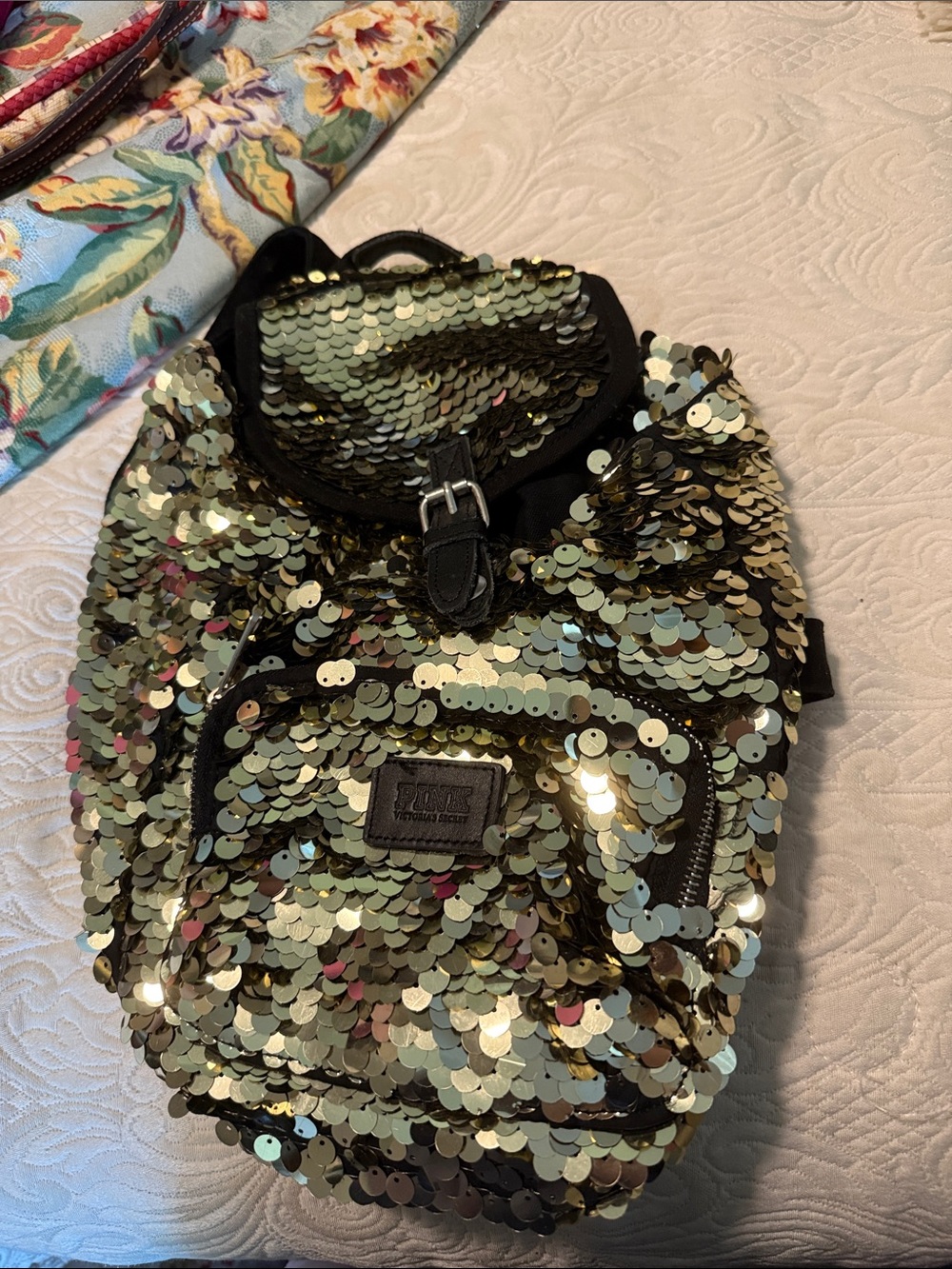 PINK Victoria's Secret Gold and Silver Sequin Mini Backpack